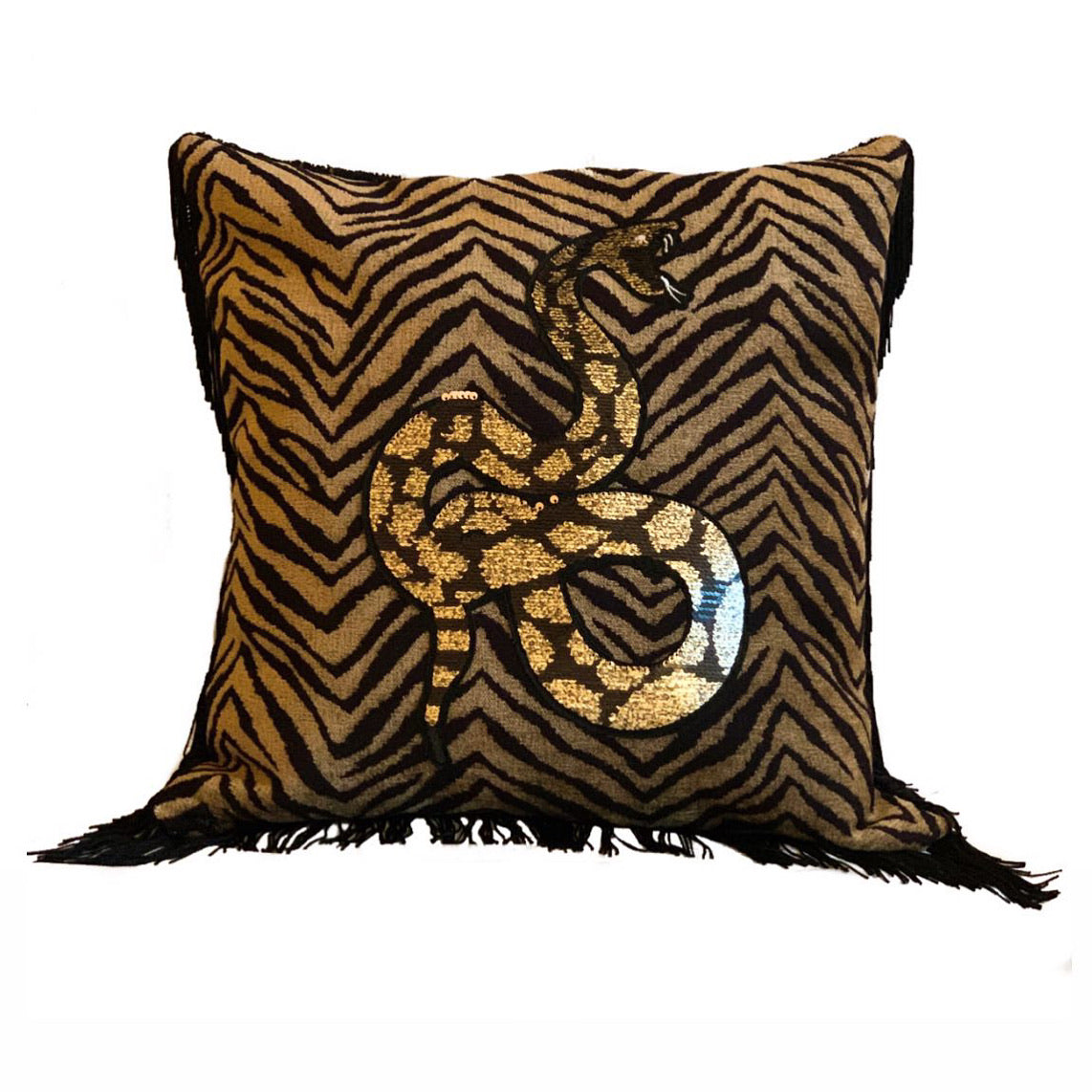 Zebra Print, Black Fringed with  Sequin Serpent Cushion