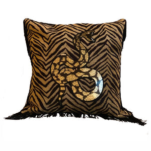 Zebra Print, Black Fringed with  Sequin Serpent Cushion